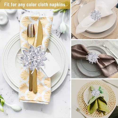 Legigo Set of 12 Christmas Lotus Flower Napkin Rings Set for Dinning Table Setting- Silver Rhinestone Xmas Winter Napkin Ring Holders for Cloth Napkins, Christmas Holiday Party Dinner Table Decoration