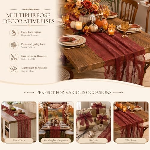Terracotta Lace Table Runner with Floral Embroidered(3pcs 28”x118”)