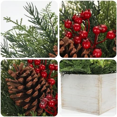 Christmas Centerpieces Table Decorations 10" Small Artificial Potted Christmas Tree Tabletop Pine Plants with Red Berry Pine Cones in Wooden Pot for Home Winter Xmas Mantel Farmhouse Indoor Decor