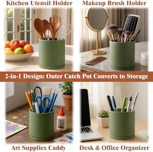 D'vine Dev Double-Layer Self-Draining Planter Set – Rotating Plastic Outer Pot with Clear Inner Liner for Root Health, Perfect for Indoor Plants, 6.5", Set of 2, Olive, 73-V-C-2