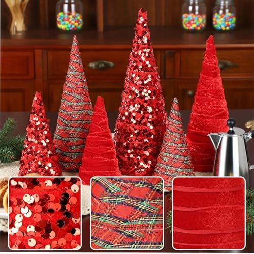 6 Pcs 12" 10" 6"Buffalo Plaid Christmas Velvet Cone Trees Decoration Christmas Glitter Tree Farmhouse Buffalo Plaid Tiered Tray Ornament for Xmas Home Holiday Entryway Tabletop Tree Centerpiece Decor