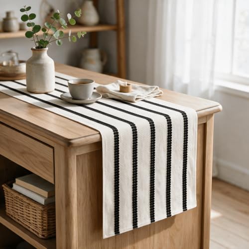 Artoid Mode Black Farmhouse Woven Stripe Table Runner, Seasonal Holiday Boho Rustic Kitchen Dining Table Decoration for Home Party Decor 12x72 Inch