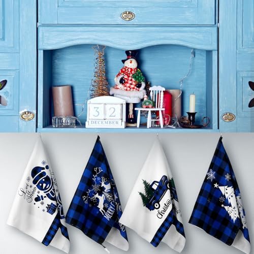 Sratte 6 Pcs Christmas Kitchen Towels Blue Black Buffalo Plaid Dish Towel