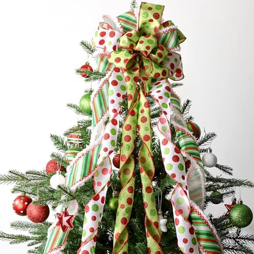 Bunny Chorus Christmas Decorations Indoor: 65pcs Christmas Tree Ornaments Set, Large Red Green White Tree Topper, Cute Hanging Green Bow Ribbons Xmas Ball, Home School Office Wedding Party Décor