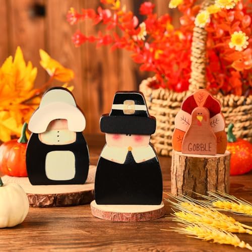Colingmill 3 Pcs Thanksgiving Decor Fall Pilgrim Turkey Wooden Tabletop