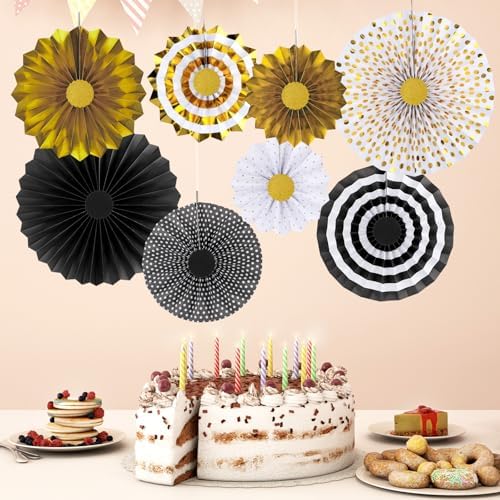 8 PCS Black Gold Party Hanging Paper Fans Decorations,Round Flower Paper Pompoms Fan for Photo Backdrop Halloween Graduation Birthday Wedding Party Decorations