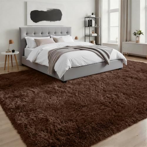 8x10 Area Rug Living Room Bedroom: Fluffy Plush Shag Carpet Brown