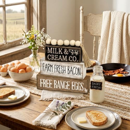 Moucuny 4 Pcs Farm Fresh Farmhouse Table Decor Rustic Stacked Wooden Sign