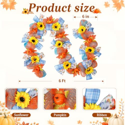 Fall Garland for Mantle 6FT Pumpkin Sunflower Mesh Autumn Decor