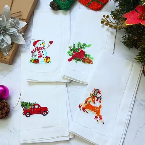 HCRAFT Embroidered Cotton Table Napkin, Cloth Napkins Set of 4 18"x18" Mix Christmas with Animals Napkin Square Fabric, Dining Room, Napkins Cloth Machine Washable, Christmas Napkins, Present Ideas