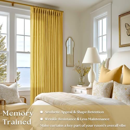 Mustard Yellow Pleated Semi Sheer Linen Curtains 120 Inches Long 2 Panel
