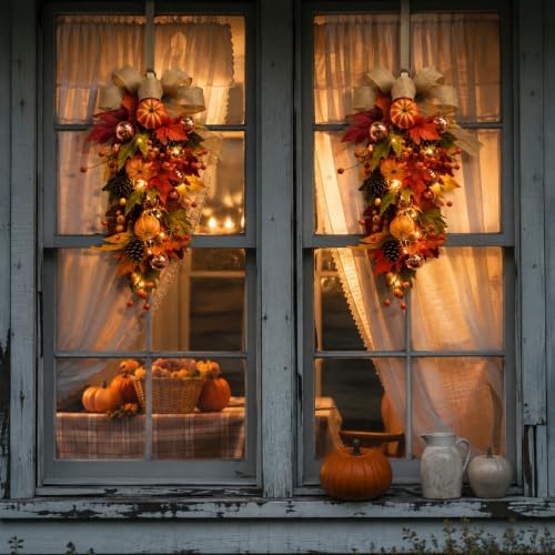 24" Pre-Lit Fall Teardrop Swag with 15 LED Lights & Timer, Pumpkins, Maple Leaves, Pinecones & Burlap Bow, Battery Operated Autumn Door Swag for Thanksgiving & Halloween Decor