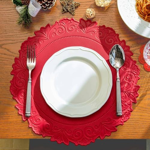 Round Faux Leather Placemats Set of 6, Dining Table Mats, Holly Red