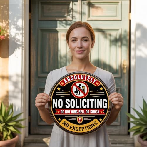 Absolutely No Soliciting Wooden Hanging Sign for House Front Door, Don't Knock or Ring Doorbell Sign for Private Property