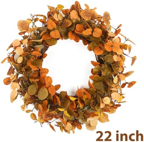 Eucalyptus Fall Wreaths for Front Door 22", Handmade Fall Leaves Wreath for Autumn, Floral Farmhouse Wreath for Wall and Outside Indoors