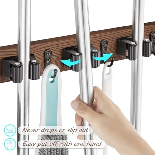 OUTNILI 2 Pack Mop Broom Holder Wall Mount with 3 Slots & 4 Hooks - Rustic Wood Broom Mop Hanger for Pantry Kitchen
