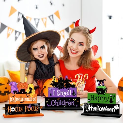 Halloween Hocus Pocus Table Signs Wooden Decor, 3PCS Witch Halloween Table Signs I Smell Children Freestanding Tabletop Decorative Signs, Spooky Tiered Tray Centerpiece Indoor Home Decorations