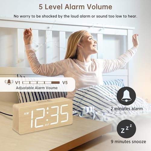 DreamSky Wooden Digital Alarm Clock for Bedroom with Large Numbers