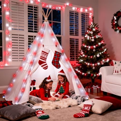 JMEXSUSS 2 Pack 100 LED Red and White Christmas Lights Outdoor, Each 33FT