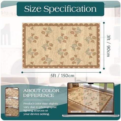 3x5 Floral Entry Rug - Small Washable Indoor Outdoor Mats for Front Door Non-Slip Jute-Look Porch Rug Boho Tan