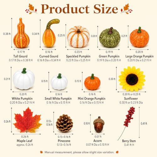Artificial Fall Harvest Decor Set, 96 Piece Faux Pumpkins, Gourds, Sunflowers, Pinecones, Acorns, Berries and Maple Leaves for Thanksgiving, Halloween Table Centerpieces and Autumn Home Decor