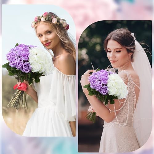 36 Pcs Silk Purple White Rose Bouquet Bridal Artificial Flowers