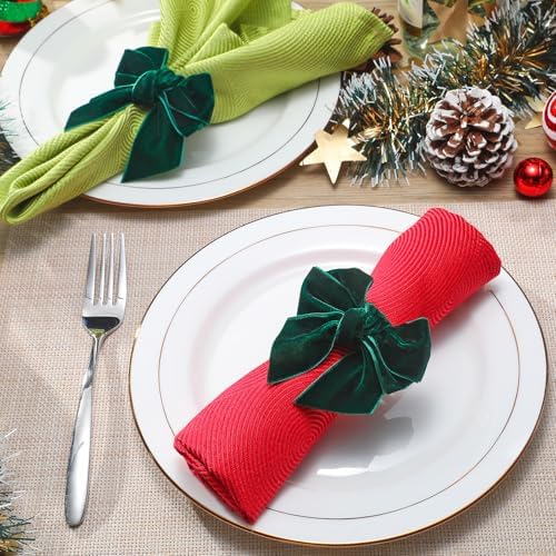 KPOSIYA Christmas Napkin Rings Set of 8, Green Velvet Bow Napkin Holders