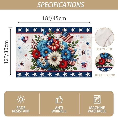 Memorial Day Patriotic 4th of July Placemats Set of 4,Red White and Blue Flowers Table Decor Veterans Day Independence Day Decorations and Supplies for Home Kitchen Table-12×18''