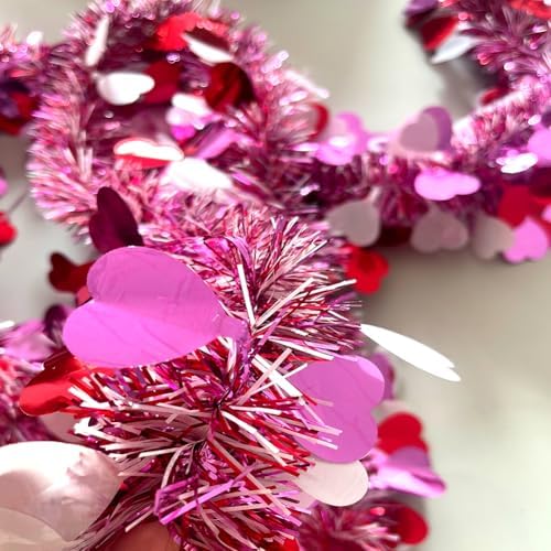 33 Ft Valentines Day Tinsel Garland Shiny Thick Tinsel Valentines Decorations Metallic Twist Foil Red White Pink Heart Garland for Anniversary Wedding Parade Floats Indoor Outdoor Decor Supplies