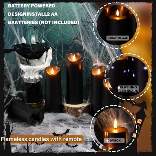 Nimiko Flameless Candles with Remote, Battery Operated Flickering Flameless Candles, LED Candles with Timer 2/4/6/8H, with Realistic LED Candles Set of 12 (D2.2 x H 5" 6" 7") (Black)