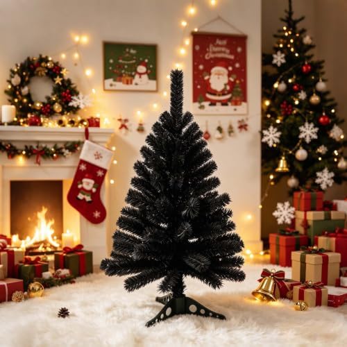 3FT Black Christmas Tree – Small Mini Xmas Artificial Trees for Home, Tabletop, Office, Apartment, Indoor Holiday Decorations, Easy-Assembly Metal Hinges & Foldable Base