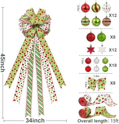 Bunny Chorus Christmas Decorations Indoor: 65pcs Christmas Tree Ornaments Set, Large Red Green White Tree Topper, Cute Hanging Green Bow Ribbons Xmas Ball, Home School Office Wedding Party Décor