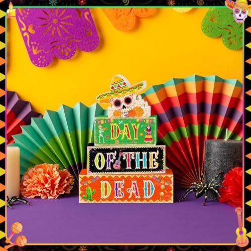 Britimes Skull Day Tiered Tray Decor Set, 4 Pack, Wooden Table Sign