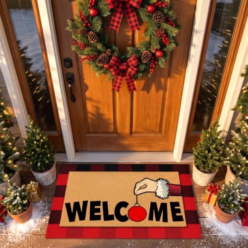 Tinideya 2 Pcs Christmas Door Mat Outdoor Layered Red and Black Welcome Mat