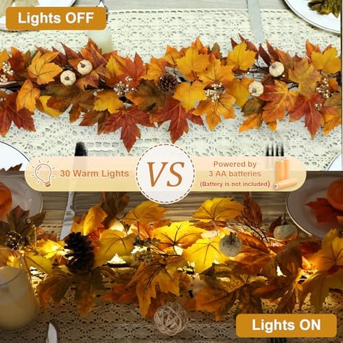 6 FT Lighted Fall Garland with Lights Pumpkins Automatic ON/Off