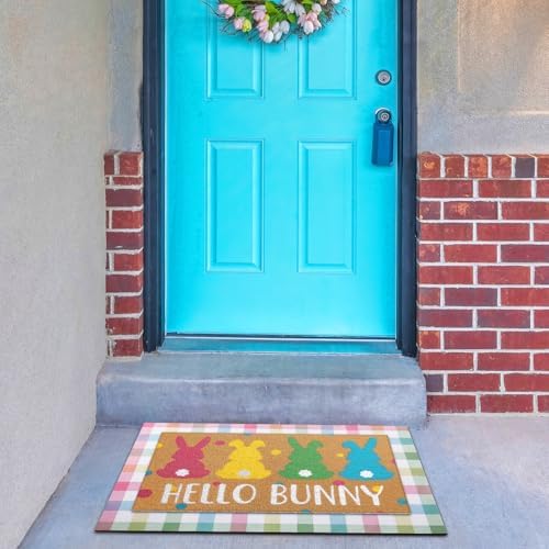 Tinideya 2 Pcs Hello Bunny Easter Layered Mat for Front Door