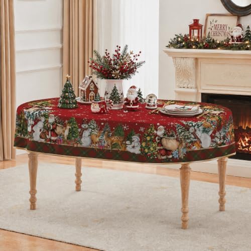 Christmas Tablecloth 60x84 Inch, Santa Claus & Snowman Water Resistant Oval Table Cover, Farmhouse Winter Holiday Table Decor for Xmas Dinner Party Kitchen Home