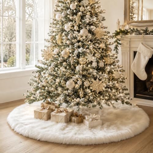 AOGU 72 Inch Faux Fur Christmas Tree Skirt White Plush Skirt for Merry Christmas Party Christmas Tree Decoration