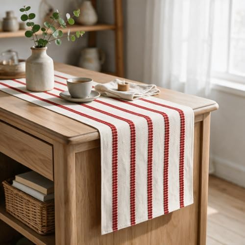 Artoid Mode Red Farmhouse Woven Stripe Christmas Table Runner, Seasonal Holiday Boho Rustic Kitchen Dining Table Decoration for Home Party Decor 12x90 Inch