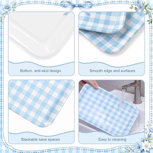 Vesici 3 Pcs Light Blue Gingham Serving Trays 13 x 10 Inch Melamine Platter