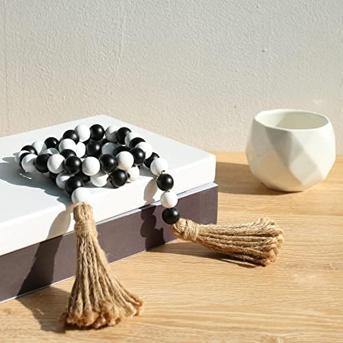 Meplait Wood Bead Garland, 39in Decorative Tassels Garland, Black&White