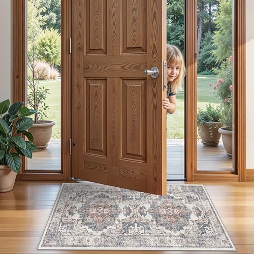 2x4 Washable Kitchen Runner Rug: Vintage Non-Slip Low Pile Entryway Area Rugs Thin Light Weight Carpet for Nursery