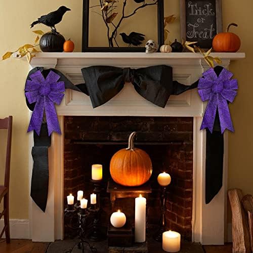 Heureppy 2pcs Halloween Wreath Bows Decor Bow Purple Spider Web Burlap for Wreaths, Large Ribbon Tree Topper Home Indoor Outdoor Decoration Ornament