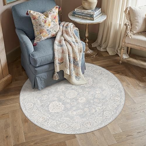 6x6 Blue Cream Neutral Round Rug