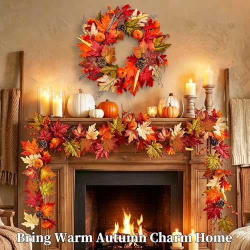 6FT Fall Maple Leaf Garland with Mini Pumpkins Pinecones & Red Berries, Artificial Autumn Leaves Garland for Thanksgiving Autumn Mantel Fireplace Stair Railing Front Door Farmhouse Decor