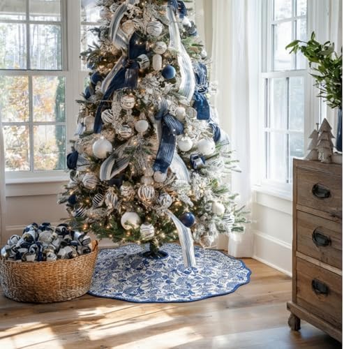 Soaoo 48'' Blue White Christmas Tree Skirt Chinoiserie Floral Tree Skirt