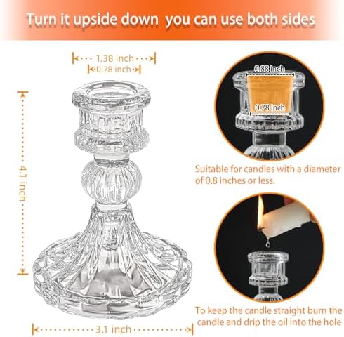 Glass Candlestick Holders, Clear Taper Candle Holders, Set of 6