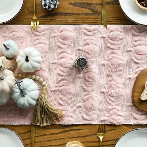 Artoid Mode Pink Soft Faux Fur Pumpkins Fall Table Runner 13x72 Inch