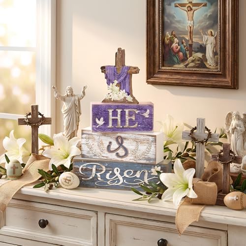 Britimes Tiered Tray Decor Set, 4 Pack, Wooden Table Sign, Easter Christian