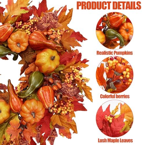 Sggvecsy Fall Wreath 23’’ Artificial Autumn Front Door Wreath with Large Pumpkins Clusters of Berries Maple Leaves Acorn for Outside Indoor Wall Window Festival Thanksgiving Harvest Fall Decor